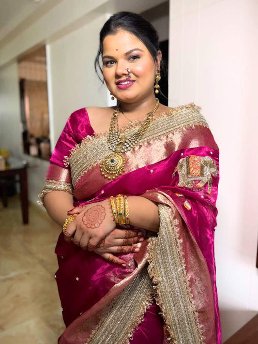 Pink Hand-Embroidered Tissue Silk Saree with Elephant Motifs - Traditional Wedding and Festival Wear