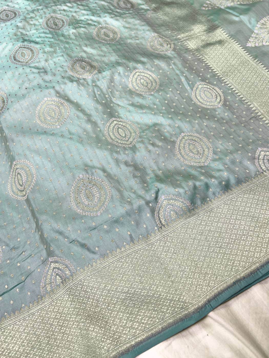 Sea Green Katan Silk Saree with Zari closeup view 01