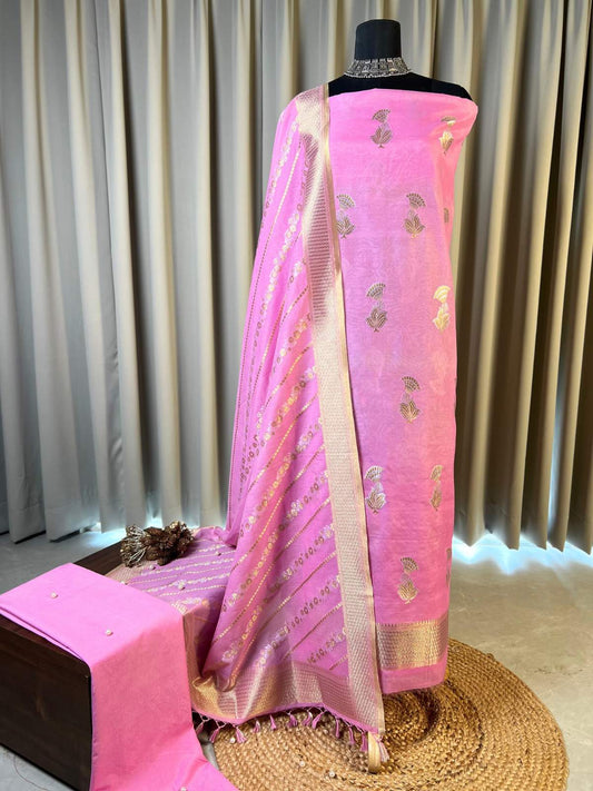 Pink Cotton Silk Suit with floral zari buti full view