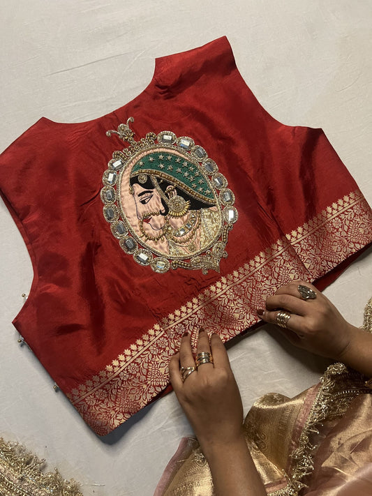 Red Banarasi silk Koti Rani Sa with hand-crafted portrait Back view