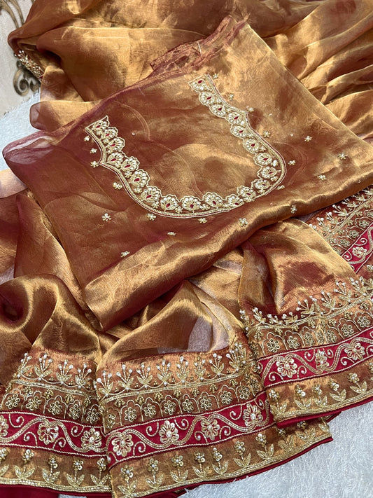 Hand Embroidered Copper Brown Banarasi Tissue Silk Saree with maroon patchwork border and matching embroidered blouse piece – perfect for weddings and festive occasions.