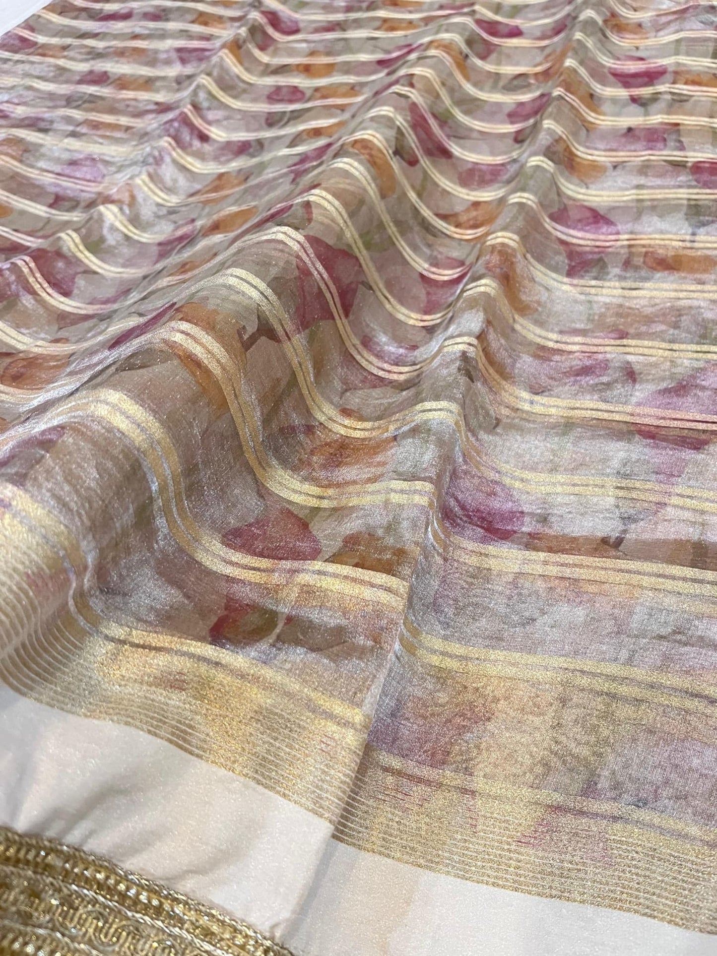Golden Banarasi Tissue Silk Saree with gota patti border, brocade aachal, and unstitched brocade blouse – handwoven in Banaras.
