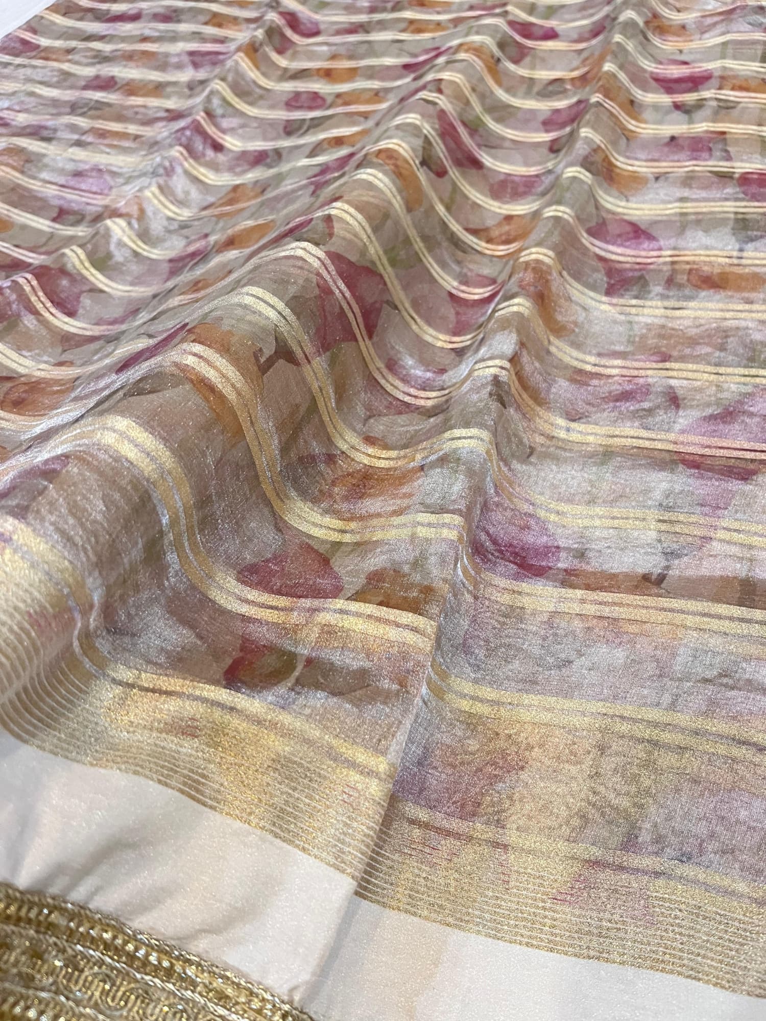 Golden Banarasi Tissue Silk Saree with gota patti border, brocade aachal, and unstitched brocade blouse – handwoven in Banaras.