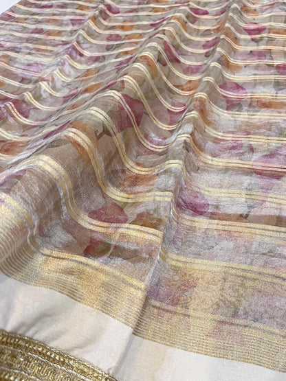 Golden Banarasi Tissue Silk Saree with gota patti border, brocade aachal, and unstitched brocade blouse – handwoven in Banaras.