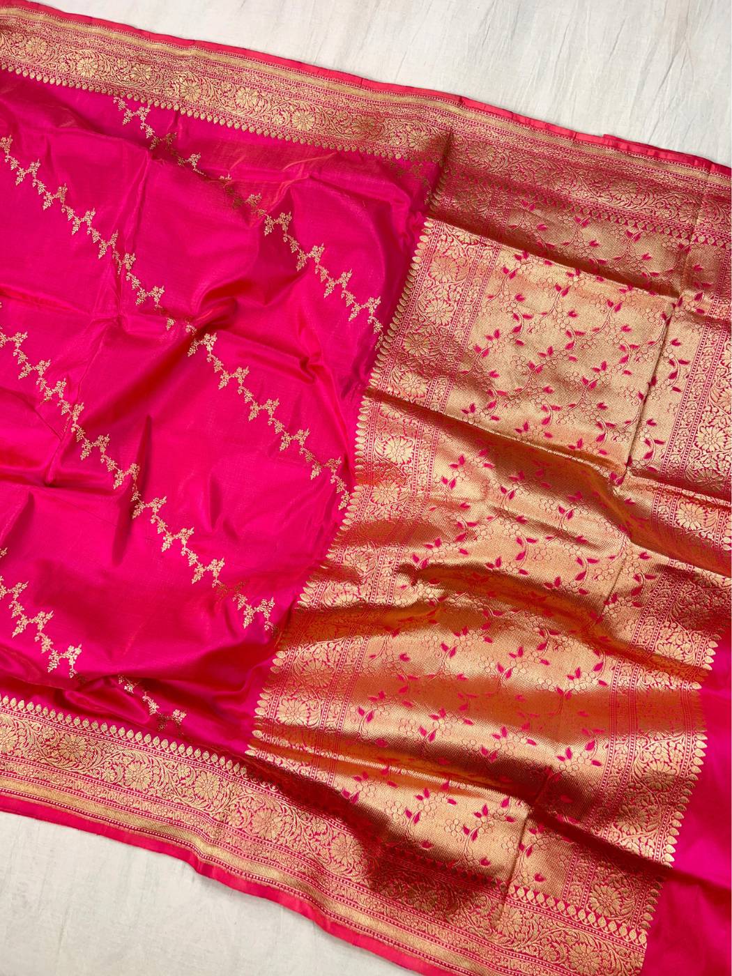 Rani Pink katan silk saree with golden zari weaving full view
