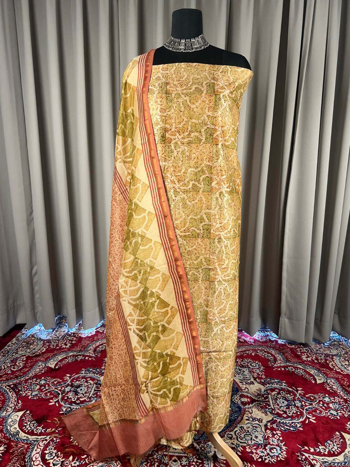 Maroon Mul Chanderi Suit with floral and abstract hand block full view