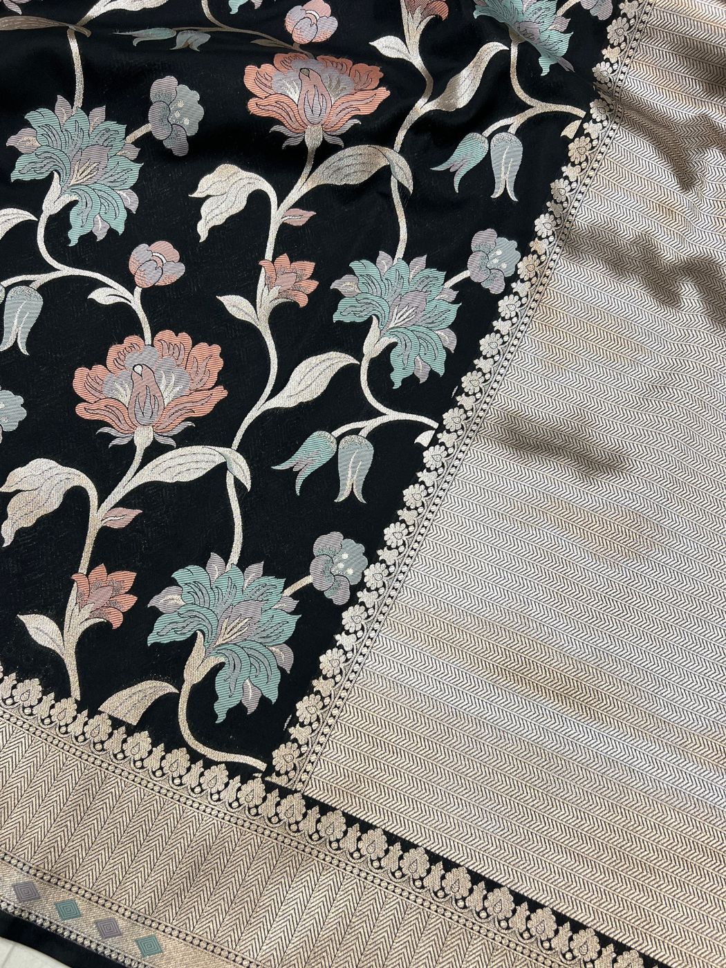 Black Katan Silk Saree Anchal View