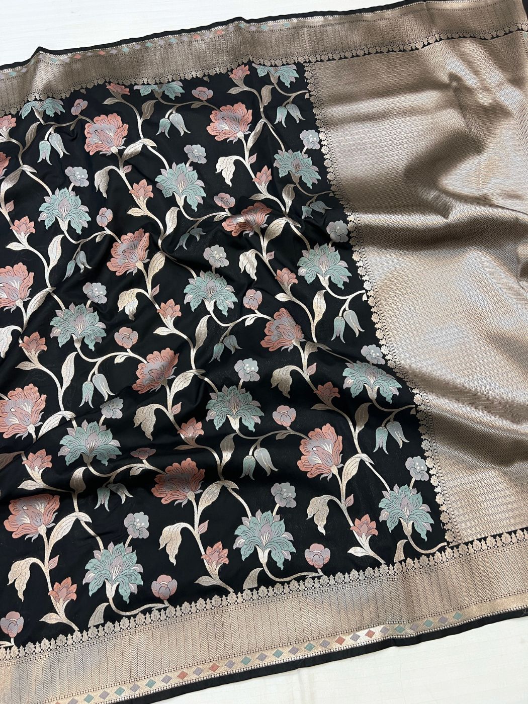 Black Katan Silk Saree Full View