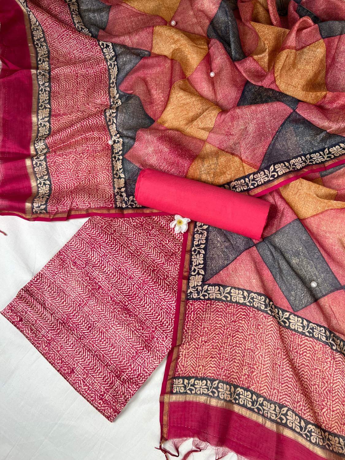  Pink Mul Chanderi Suit with floral and abstract hand block front view