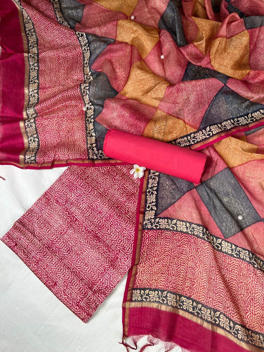  Pink Mul Chanderi Suit with floral and abstract hand block front view
