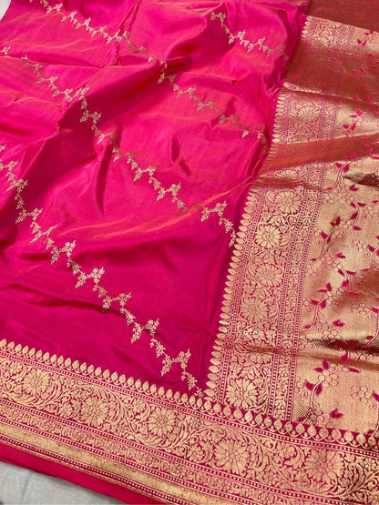 Rani Pink katan silk saree with golden zari weaving closeup view 01