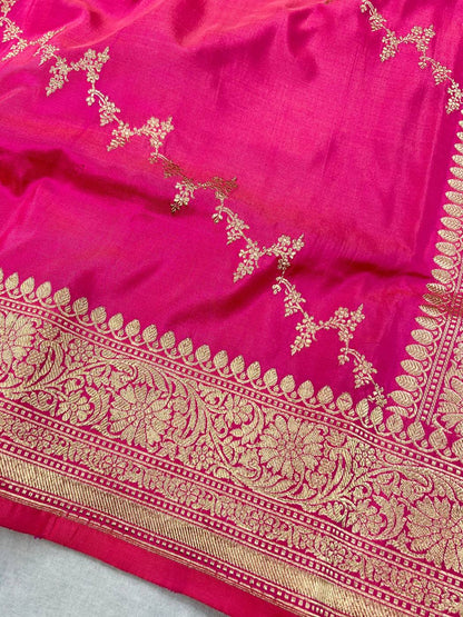 Rani Pink katan silk saree with golden zari weaving closeup view 02