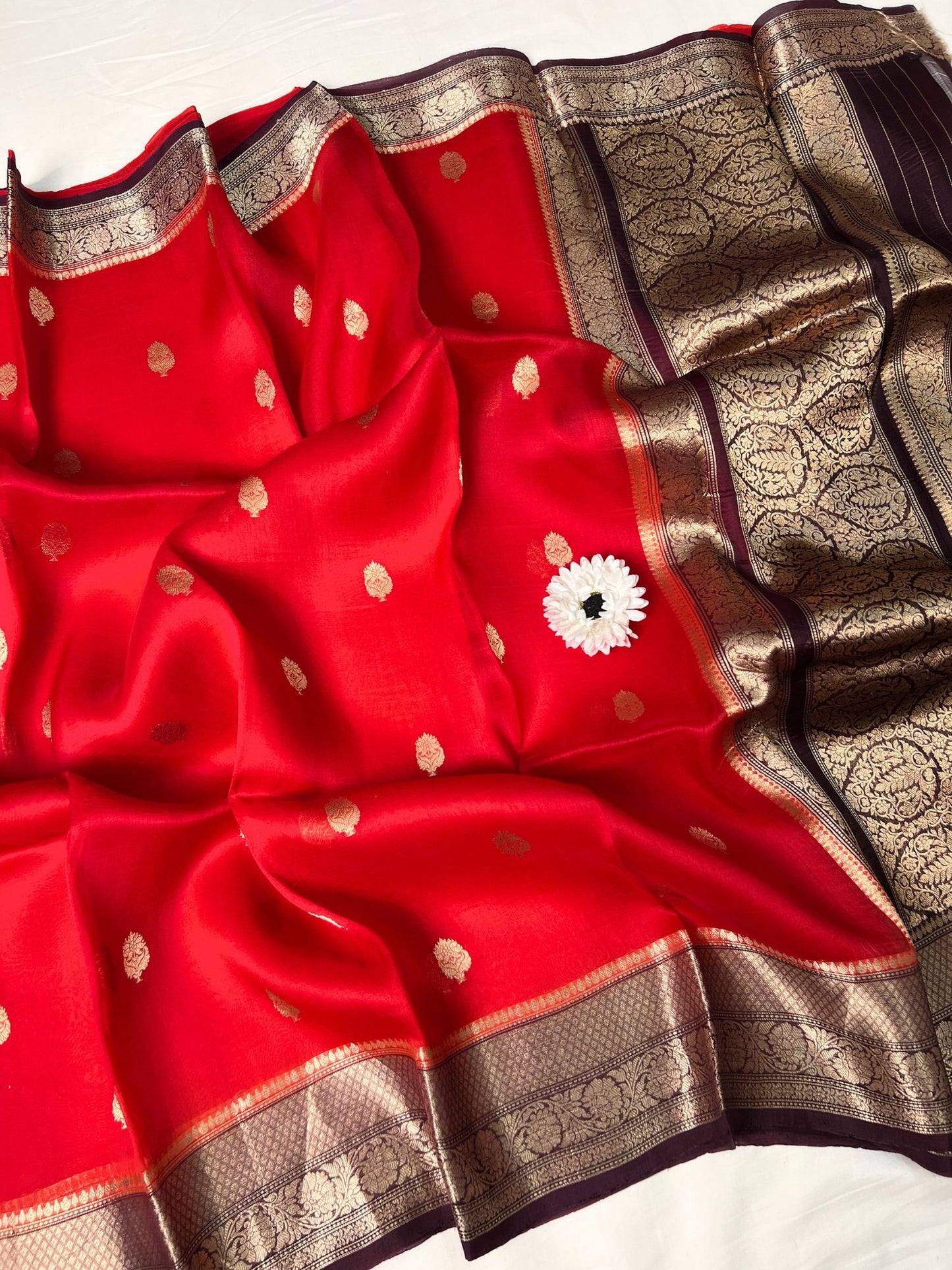 Red Kora Silk Saree Full view