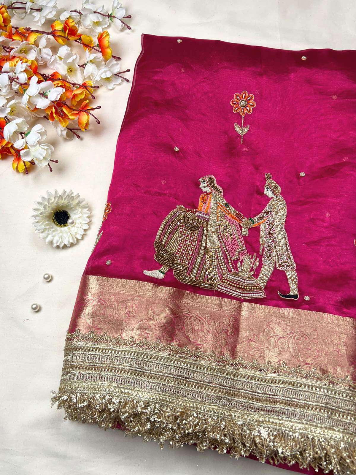 Hot pink Saat Phere Banarasi silk saree ideal for wedding rituals