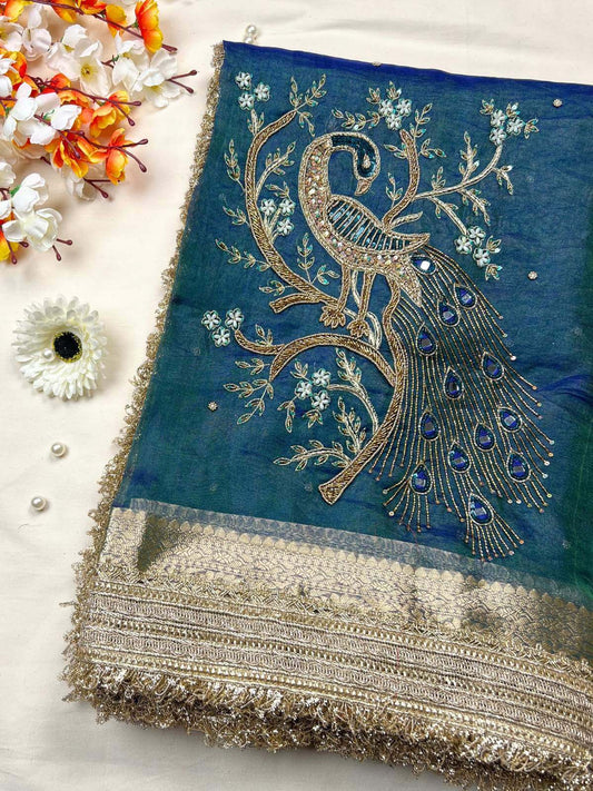 Peacock teal blue Tissue Silk  Morni Banarasi silk saree with elegant peacock Front View