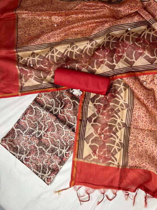 Red Mul Chanderi suit with floral and abstract hand block print front view