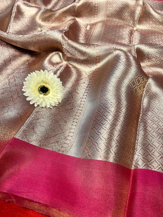 Pink Brocade Tissue Silk saree with zari work closeup  view