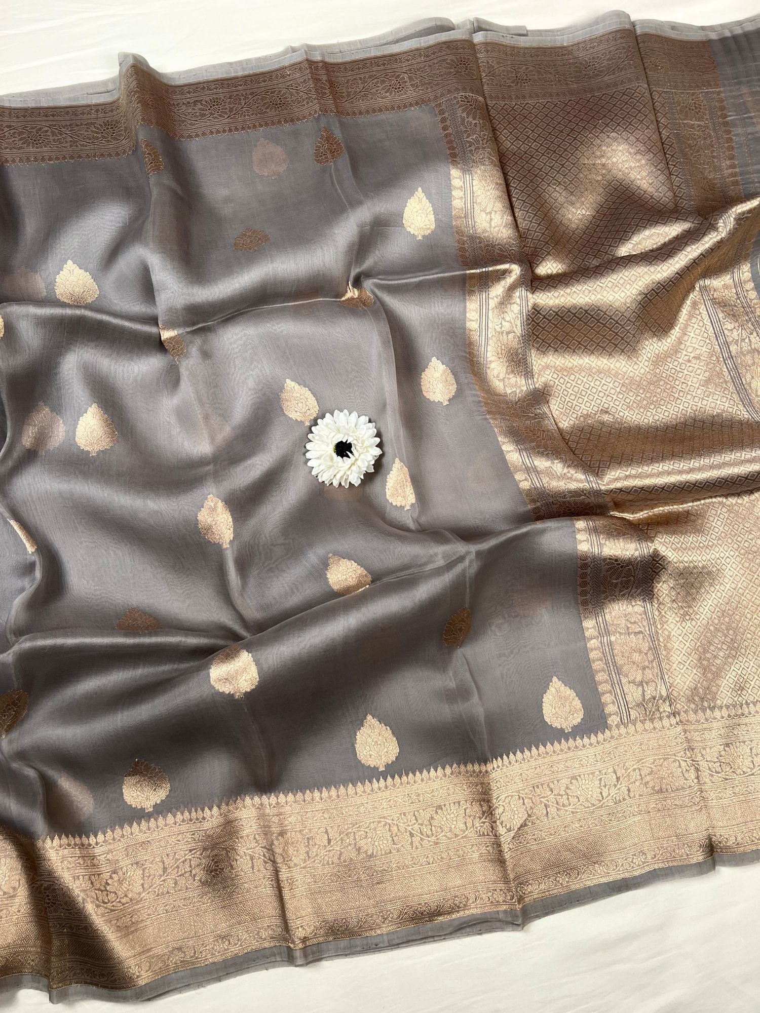  Grey Kora Silk Saree Full View 