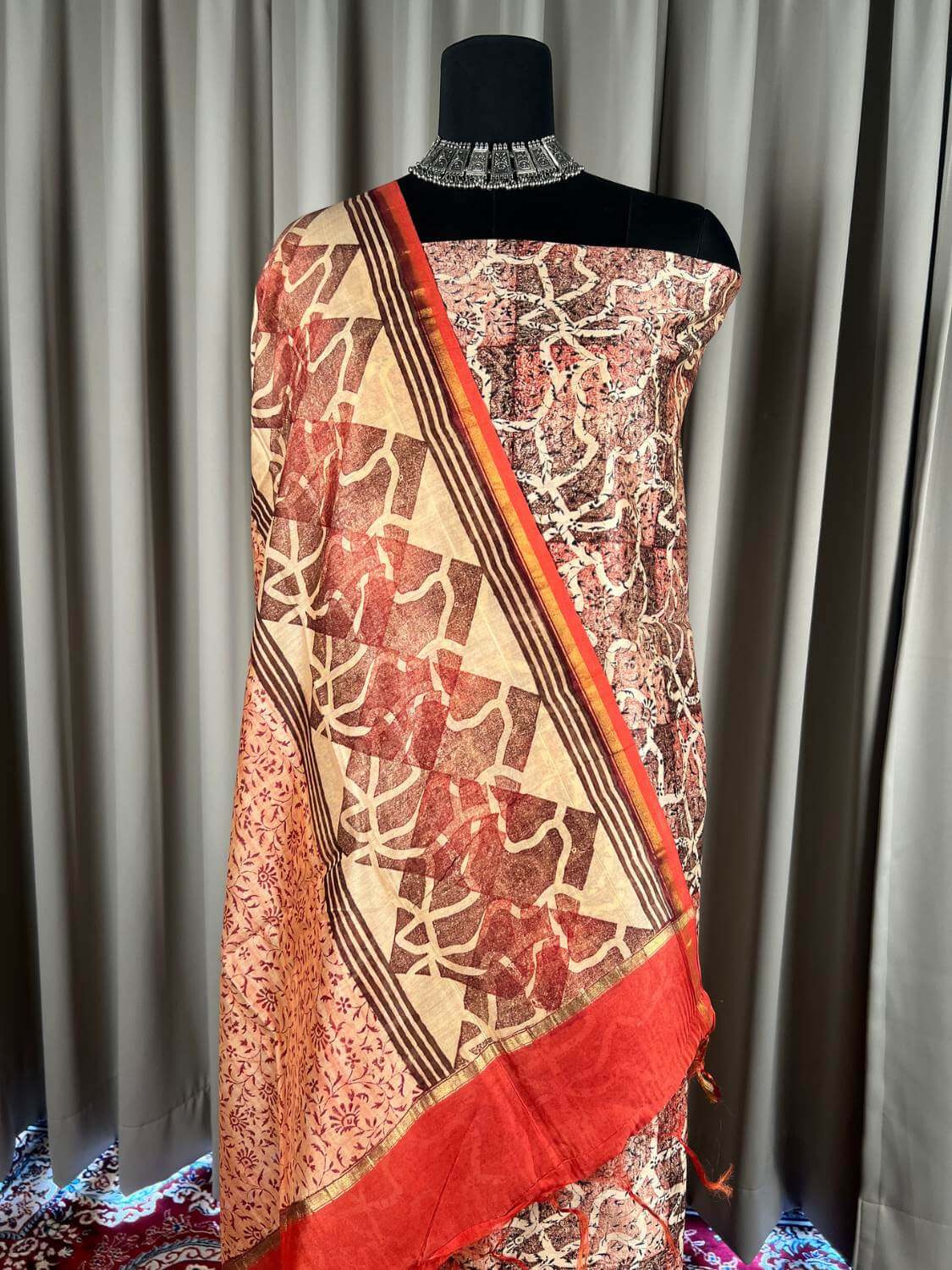 Red Mul Chanderi Suit with floral and abstract hand block print closeup view