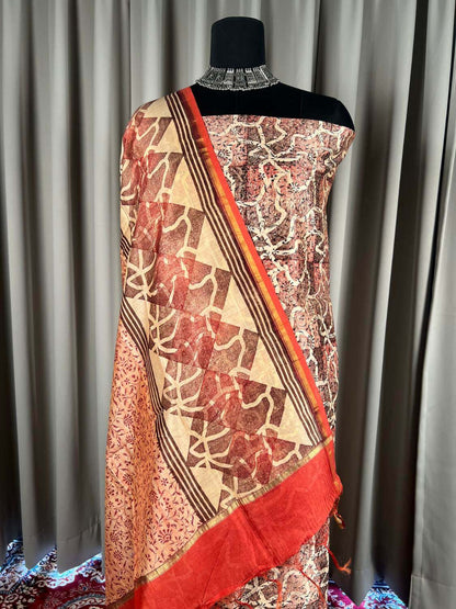 Red Mul Chanderi Suit with floral and abstract hand block print closeup view