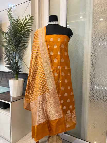 Mustard Yellow Banarasi Katan Silk Suit Set with Zari Buta and Brocade Dupatta