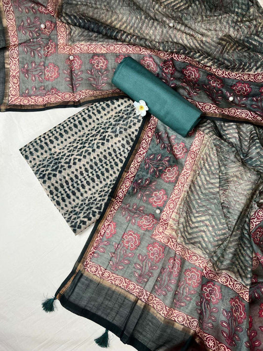 Teal Green Mul Chanderi suit with floral and abstract hand block print front view 02