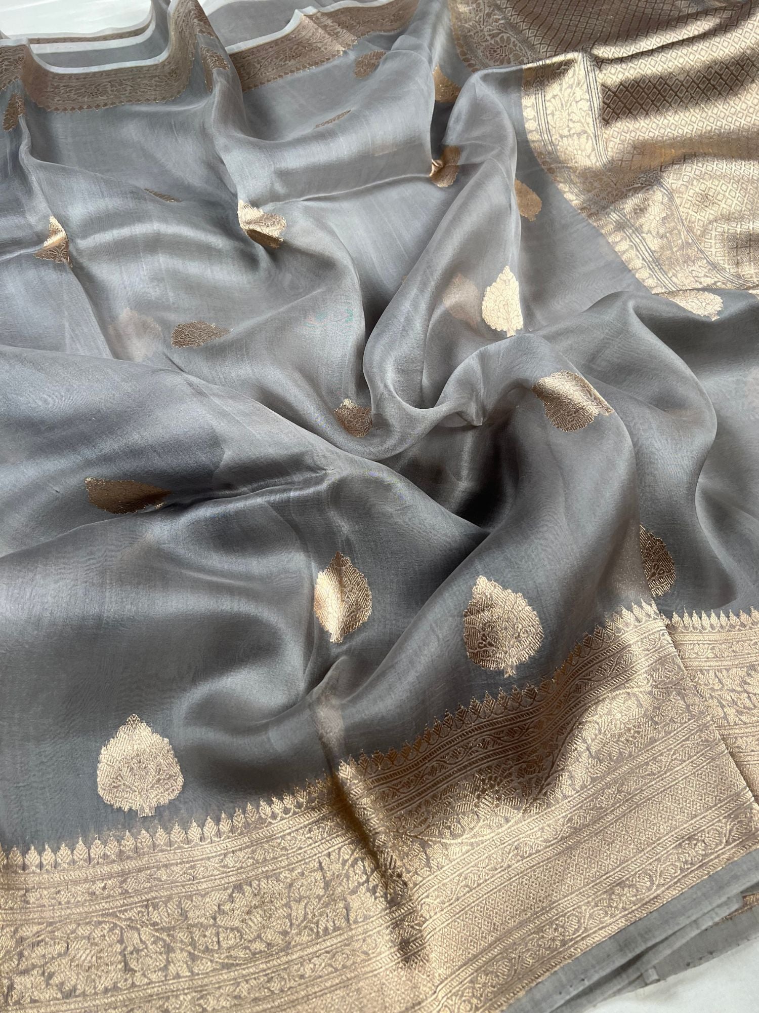  Grey Kora Silk Saree Closeup view
