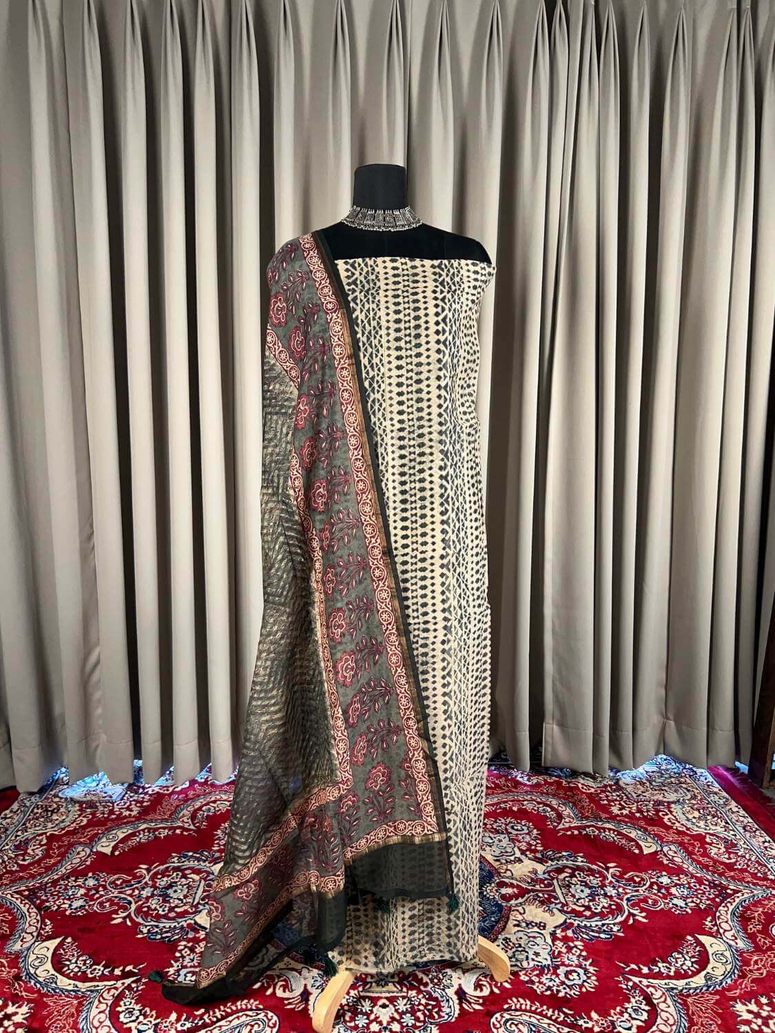  Teal Green Mul Chanderi Suit with  floral and abstract hand block print closeup view  02
