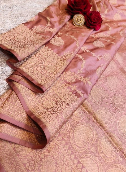 Handwoven Pink Katan Silk Saree with Banarasi Zari Work – Ideal for Festive and Bridal Wear
