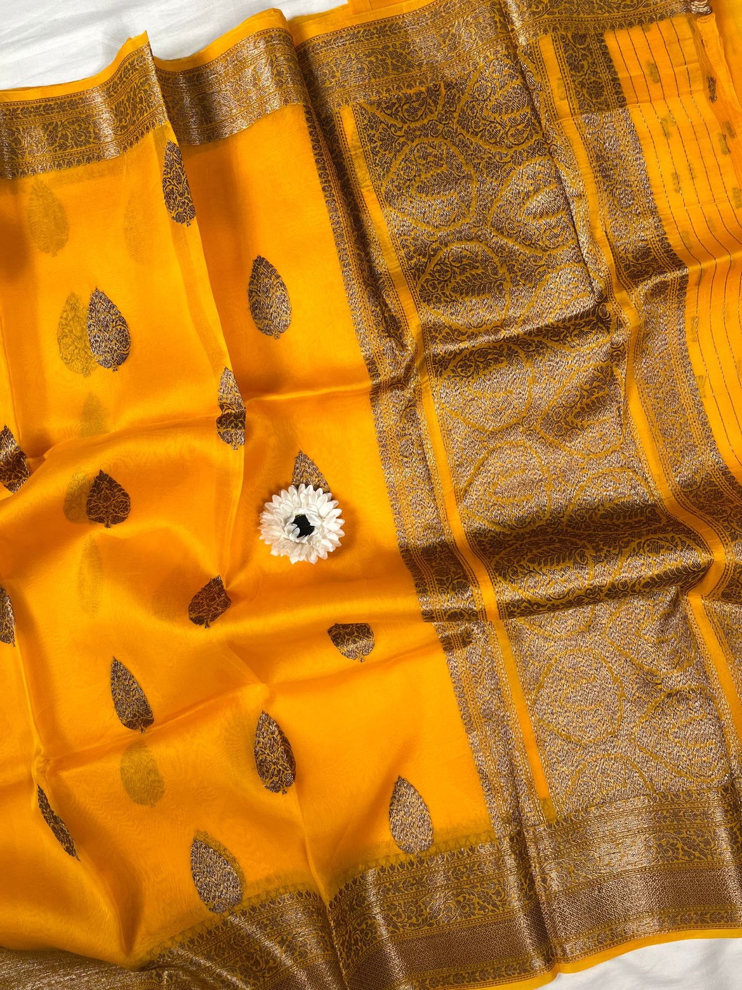 Mustard Yellow Kora Silk Saree Full View