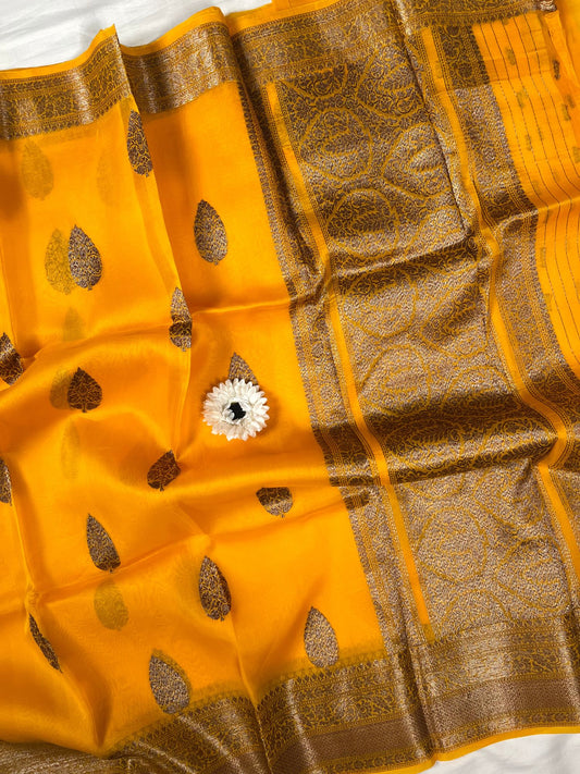 Mustard Yellow Kora Silk Saree Full View