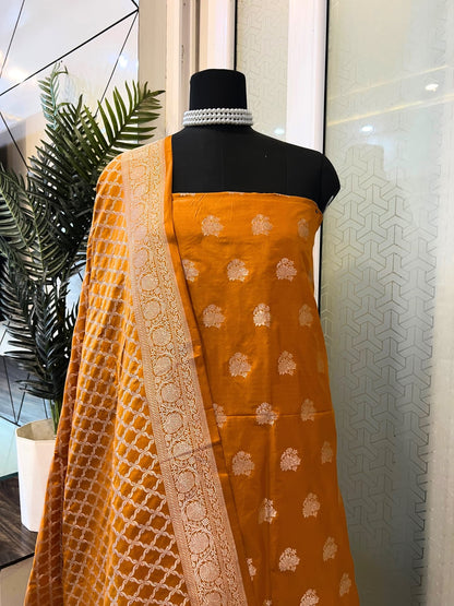 Mustard Yellow Banarasi Katan Silk Suit Set with Zari Buta and Brocade Dupatta