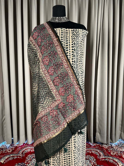  Teal Green Mul Chanderi Suit with  floral and abstract hand block print full view 02