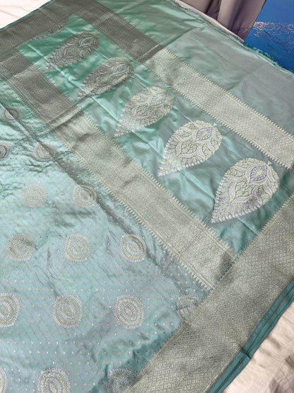Sea Green Katan Silk Saree with Zari closeup view 02