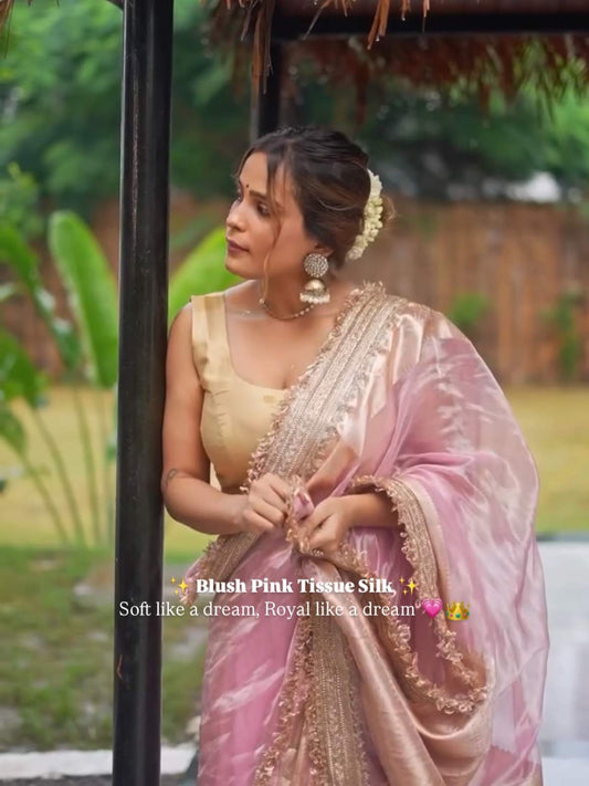 Baby Pink Banarasi Tissue Silk Saree with Gotta Patti Border and Brocade Blouse