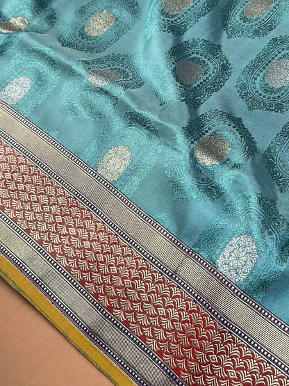 Aqua Blue Mashru Silk Saree with oval medallion closeup view 02