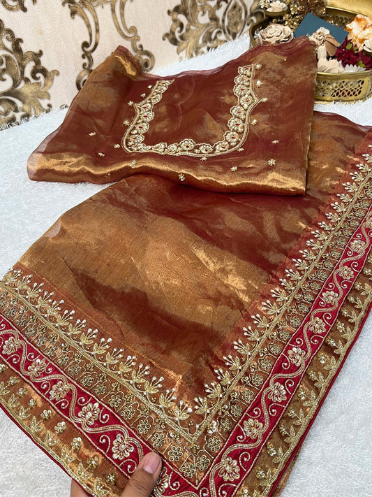 Hand Embroidered Copper Brown Banarasi Tissue Silk Saree with maroon patchwork border and matching embroidered blouse piece – perfect for weddings and festive occasions.