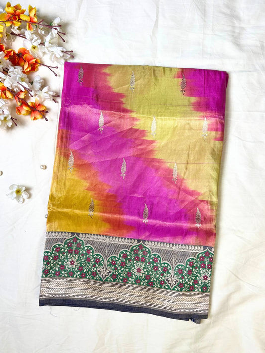 Multicolor tissue Katan silk saree with Floral woven borders with zari butis front view