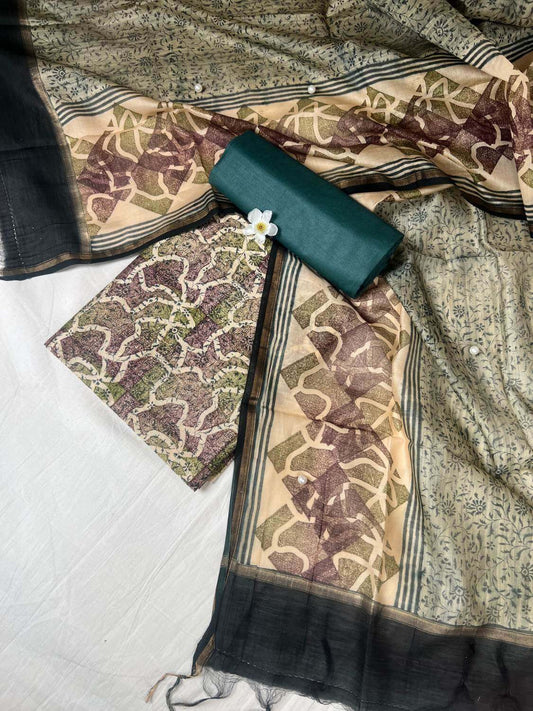  Teal Green Mul Chanderi Suit with  floral and abstract hand block print front view 01