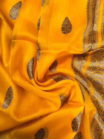 Mustard Yellow Kora Silk Saree Closeup View02