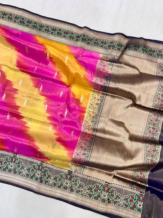 Multicolor tissue Katan silk saree with Floral woven borders with zari butis full  view