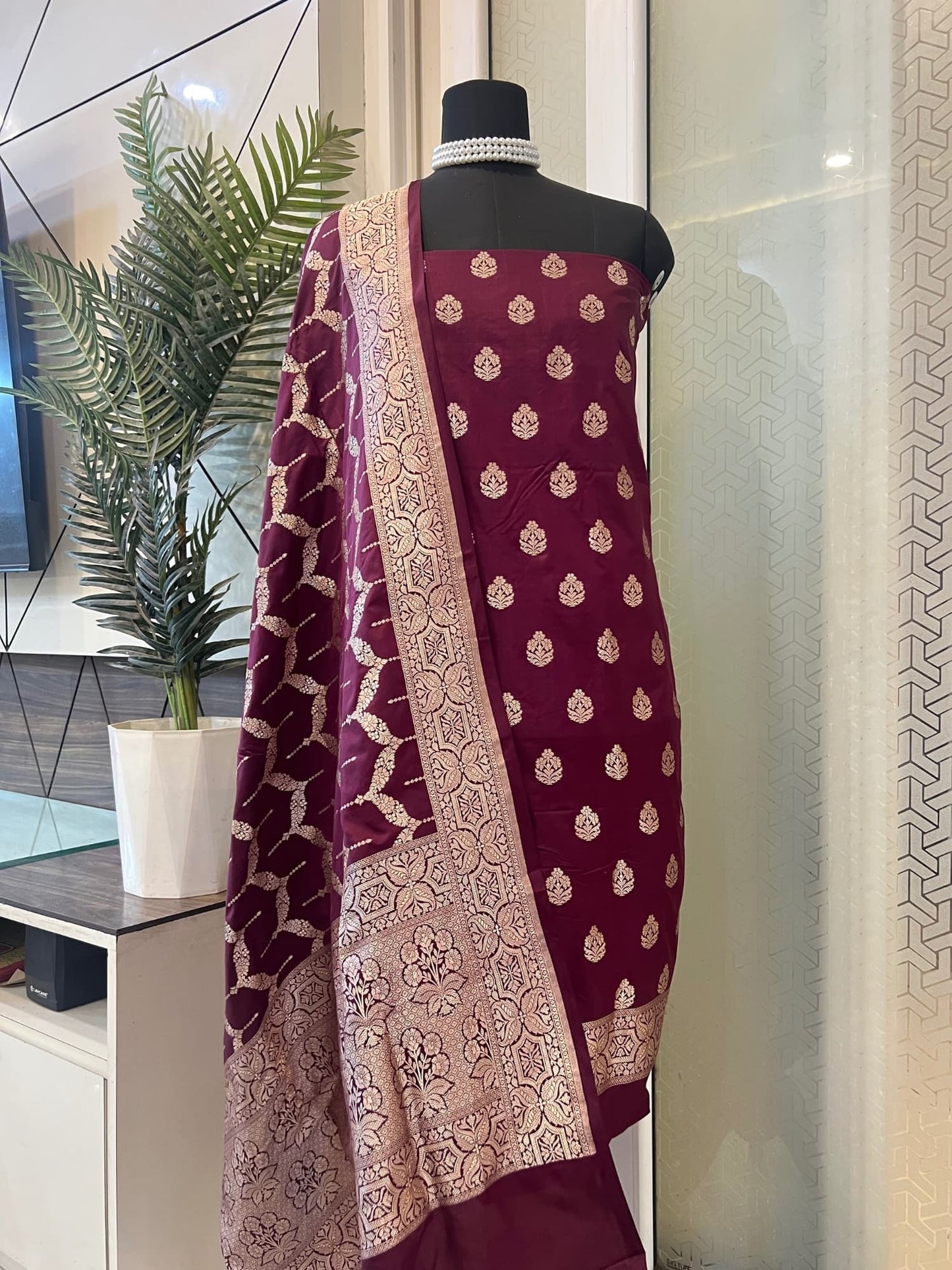 Wine Banarasi Katan Silk Suit Set with Zari Buta and Brocade Dupatta