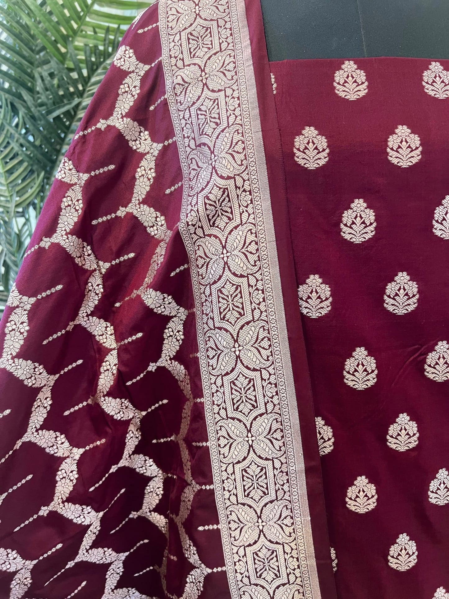 Wine Banarasi Katan Silk Suit Set with Zari Buta and Brocade Dupatta