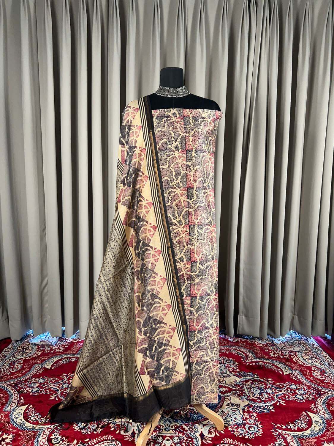  Teal Green Mul Chanderi Suit with  floral and abstract hand block print full view 01