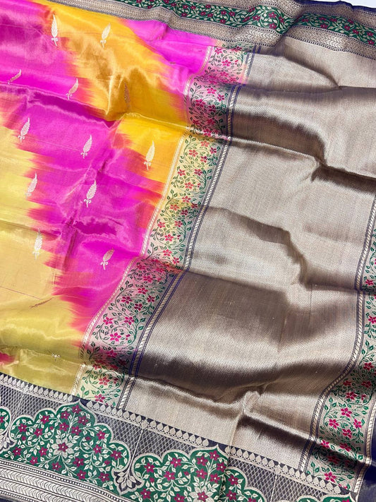 Multicolor tissue katan silk saree with Floral woven borders with zari butis closeup view 01