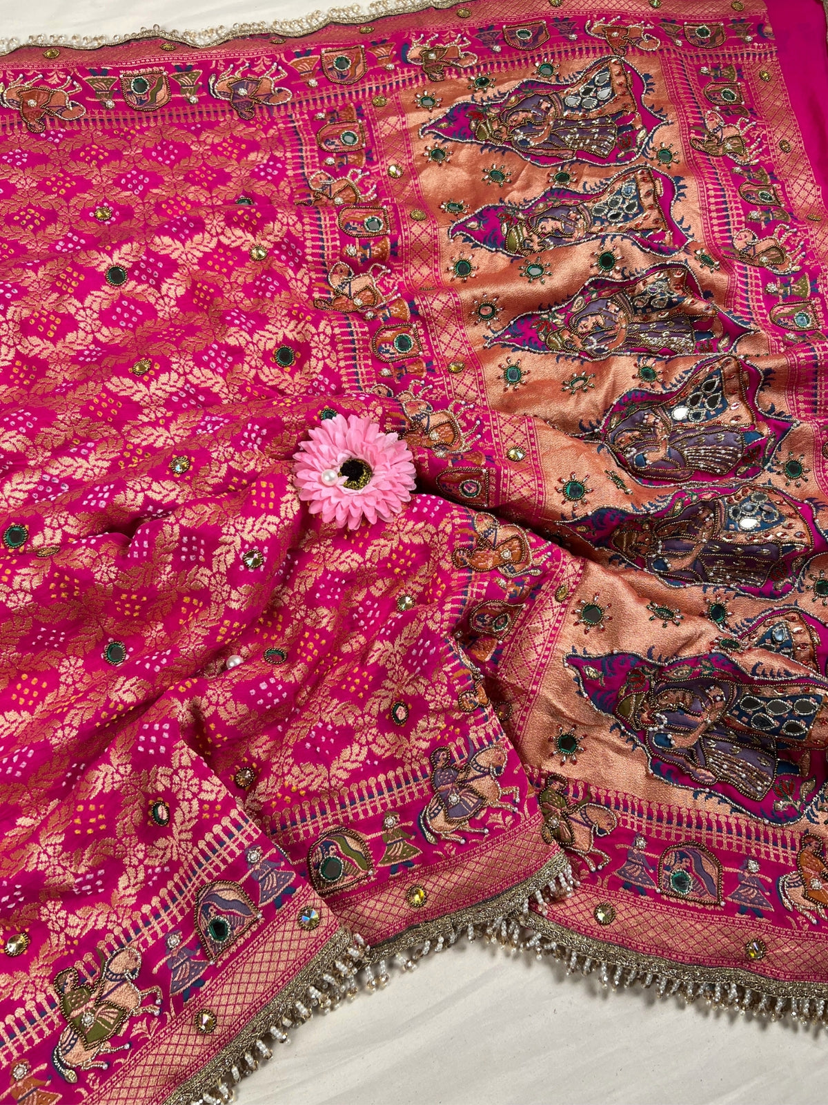 Hot Pink Bandhej Saree