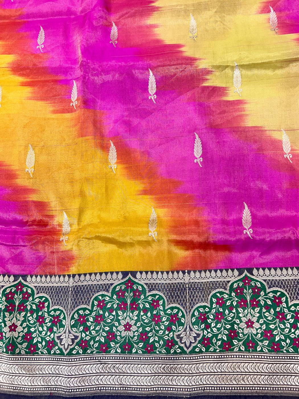 Multicolor tissue katan silk saree with Floral woven borders with zari butis closeup view02
