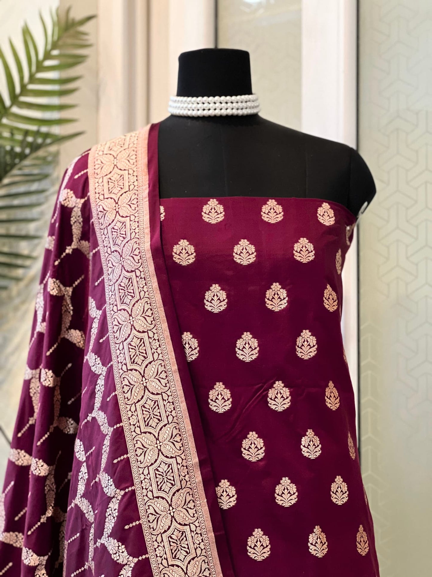 Wine Banarasi Katan Silk Suit Set with Zari Buta and Brocade Dupatta