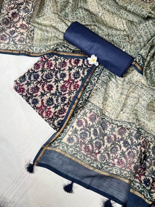 Navy Blue Mul Chanderi Suit with  floral block print front view