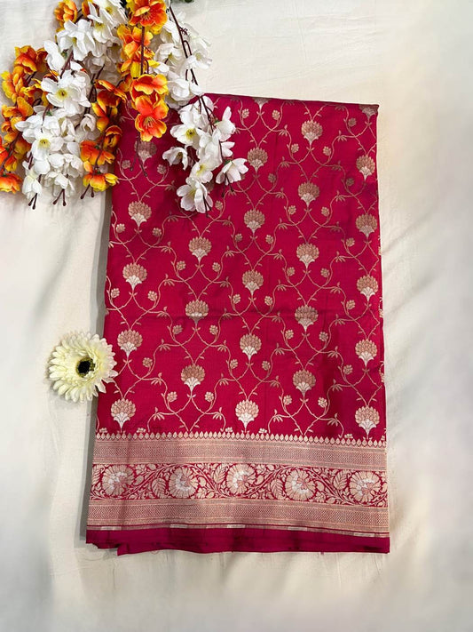 Rani Pink Katan Silk Saree with floral jaal front view